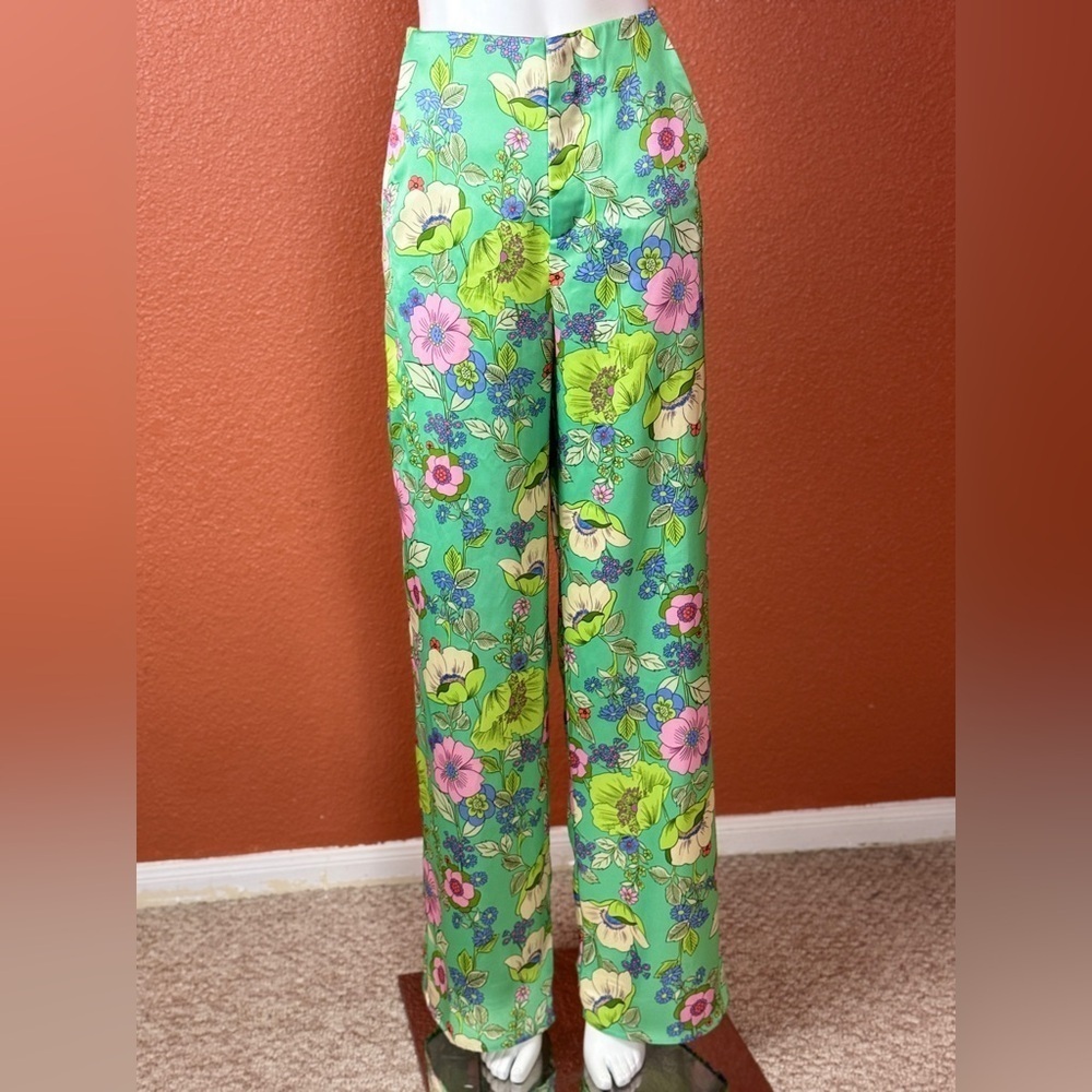 Zara Women's Suit Trousers M Green Floral Polyester Elastane Dress Pants. E29